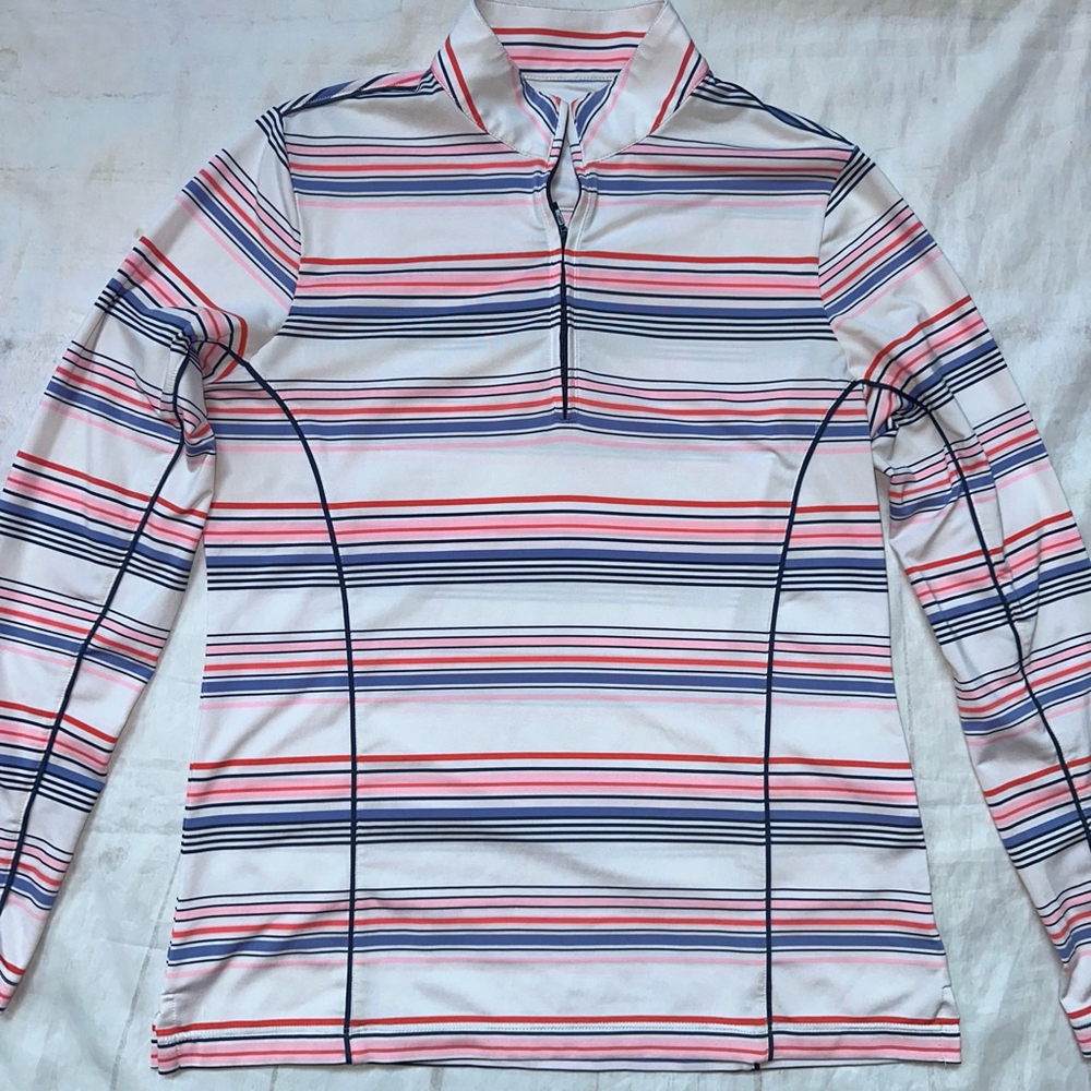EUC Women's Medium Peter Millar White Striped 1/4 Zip Pullover LS Top Shirt
